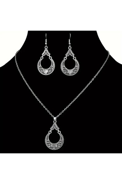 Cash Trade Retro Etnik Tarz Takı Seti: Gümüş Geometrik Desenli Oymalı Kolye-küpe