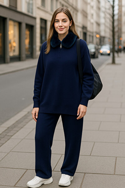 semela Fur Zippered Polo Neck Knitwear Set