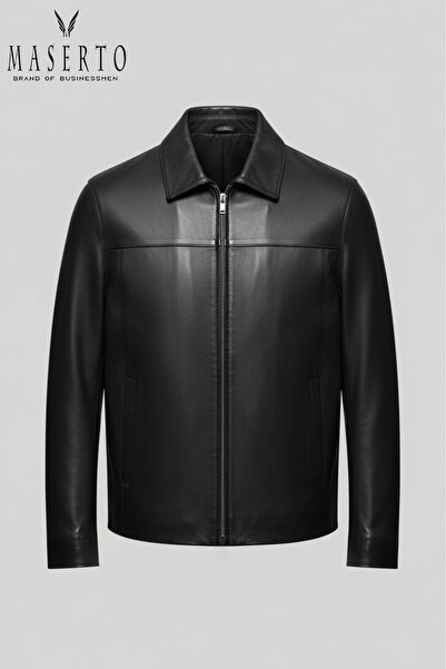 MASERTO معطف جلدي رجالي رياضي بتصميم عصري أنيق