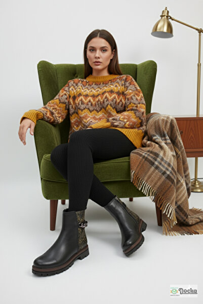 Mammamia Γυναικείες μπότες με λεοπάρ σχέδιο από γνήσιο δέρμα ορθοπεδικό με φερμουάρ, επίπεδη χοντρή σόλα καθημερινά M26/KB4240