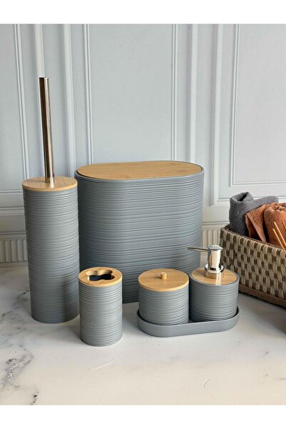 ROSSEV Acrylic 5 Piece Bamboo Lid Gray Bathroom Set