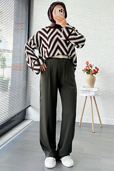 MELEK ARAZ High Waist Pleated Detailed Flowy Palazzo Pants - Khaki