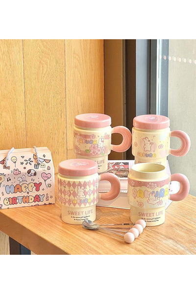 hediyeofisi Cute Bear Sakura 350 ml Premium Ceramic Mug – Durable, Stylish Design, Suitable for Hot and Cold Beverages