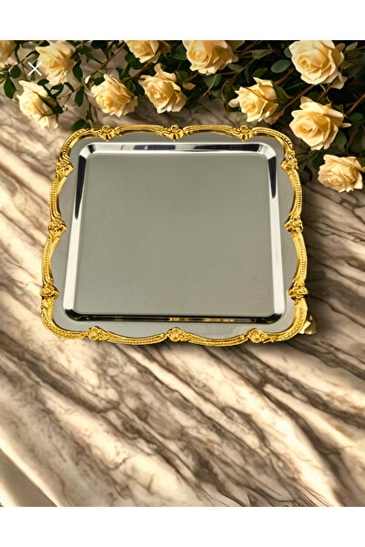 Santara Avangarde 1 Piece Single Person Rose-Figured Stainless Thick Steel Coffee Presentation Tray (No Decoration)