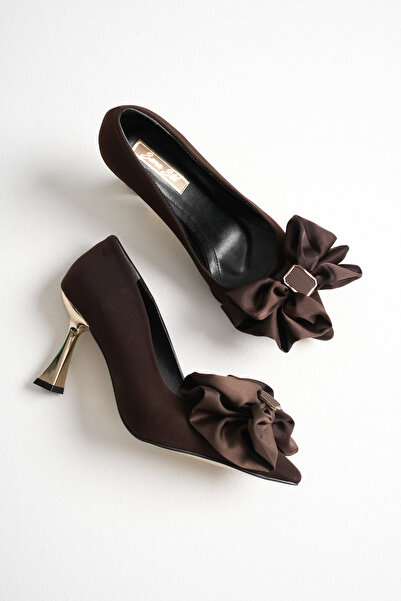 Sena Stil Kadın Gold Topuk saten Fiyonklı Detaylı Şık Topuklu Ayakkabı