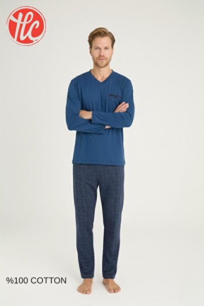 KLY Men's 100% Cotton 4 Season Fabric V-Neck Long Sleeve Pajama Set