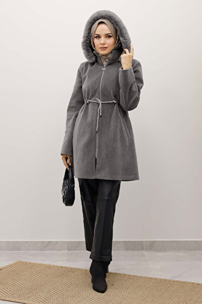 Tesettür Dünyası Hooded Zippered Fox Coat Tsd250238 Gray