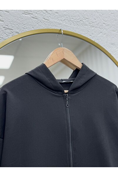 MİHRA STORE Dorora Two String Zippered Hooded Cardigan-Zi̇3099 Black