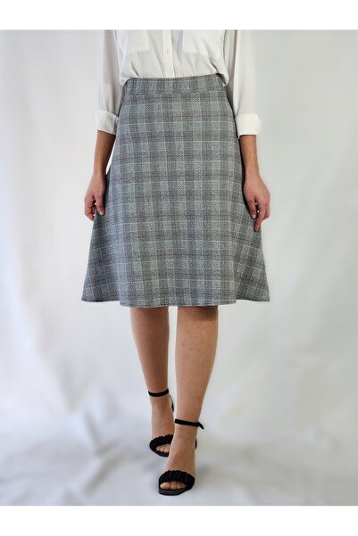 YAXİ Gray Plaid Flawless Skirt with Elastic Waist and Flawless Bottom