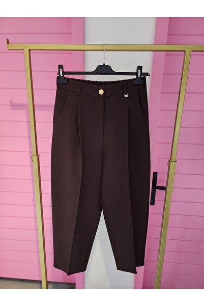 Sentez roma arkası lastikli pileli pantolon kahve kadın