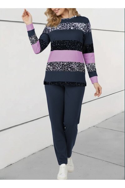 JANES Women's Long Sleeve Crew Neck Striped Pattern Two Thread Blouse and Pants Two-Piece Set