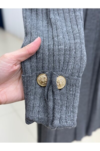 MİHRA STORE Alicia Double Pocket Sleeve Gold Buttoned Corded Fabric Long Cardigan-Zi̇5212 Anthracite
