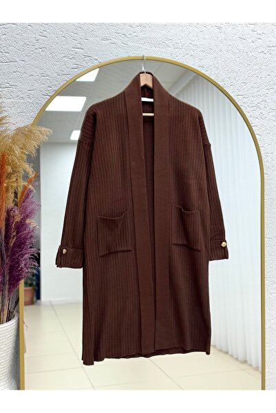 MİHRA STORE Alicia Double Pocket Sleeve Gold Buttoned Corded Fabric Long Cardigan-Zi̇5212 Coffee