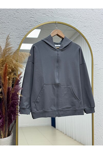 MİHRA STORE Dorora Two String Zippered Hooded Cardigan-Zi̇3099 Anthracite