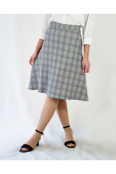 YAXİ Gray Plaid Flawless Skirt with Elastic Waist and Flawless Bottom