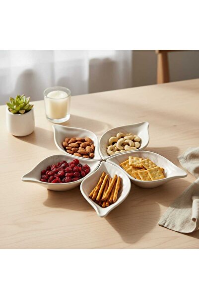 lacelove Kütahya Ceramics 5-Piece Leaf Ebru Patterned Snack Plate Breakfast Set