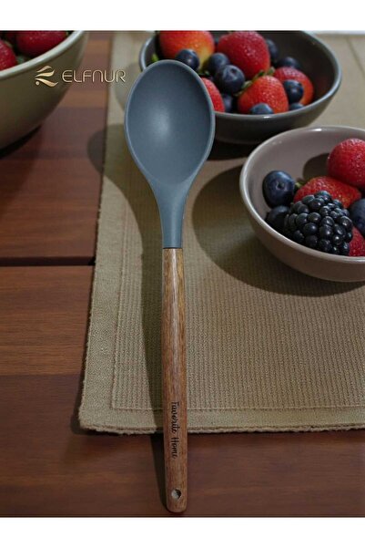 elfnur Acacia Handle Silicone Serving Food Spoon Hard Tip Heat Resistant Fireproof Non-Stick