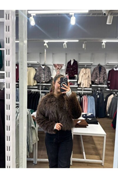 Oxion Kahverengi Plush Kürk Crop Mont