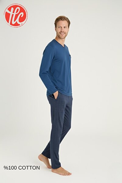 KLY Men's 100% Cotton 4 Season Fabric V-Neck Long Sleeve Pajama Set