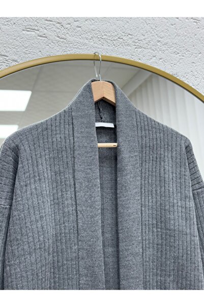 MİHRA STORE Alicia Double Pocket Sleeve Gold Buttoned Corded Fabric Long Cardigan-Zi̇5212 Anthracite