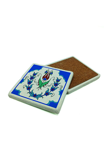 Sadrazam Ottoman Iznik Tile Pattern B Printed Natural Stone Coaster 10cm X 10cm |   Kd-36