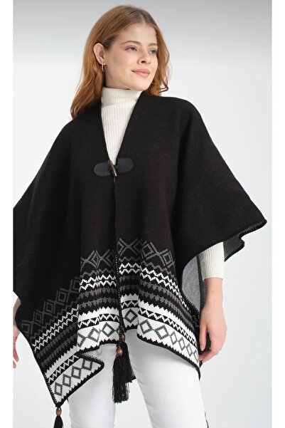 Minii Tuhafiye Balıkçı Dikişli Etnik Desenli Panço, Triko Panço, Dış Giyim Panço, Örgü Panço