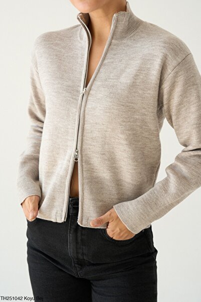 inmuse Double Zippered Mink Knitwear Cardigan