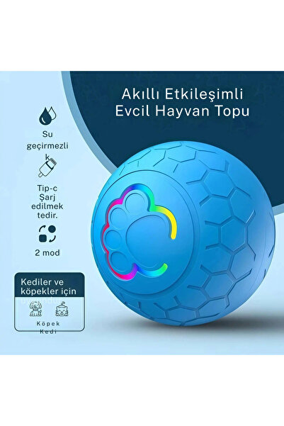 sz master bilişim Şarjlı Otomatik Hareketli Köpek Kedi Oyuncağı Etkileşimli RGB LED’li Akıllı Zıplayan Pet Kedi Topu