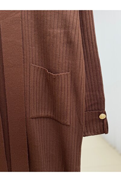 MİHRA STORE Alicia Double Pocket Sleeve Gold Buttoned Corded Fabric Long Cardigan-Zi̇5212 Coffee