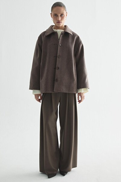 Zeyyen KAŞMİR DOKULU KEMİK DÜĞMELİ KISA KABAN KAHVERENGİ