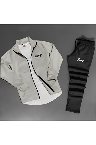 NOFLEN Brooklyn Elyazı Printed Scuba Zippered Black Tracksuit Set