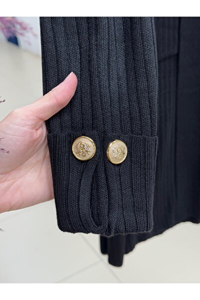 MİHRA STORE Alicia Double Pocket Sleeve Gold Button Corded Fabric Long Cardigan-Zi̇5212 Black