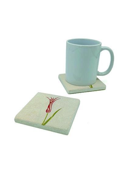 Sadrazam Ottoman Tulip Drawing Printed Natural Stone Coasters 10cm X 10cm |   1G-Olale1
