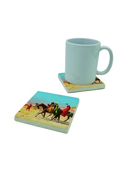 Sadrazam Horses in the Desert Picture Printed Natural Stone Coaster 10cm X 10cm |   Krt-135