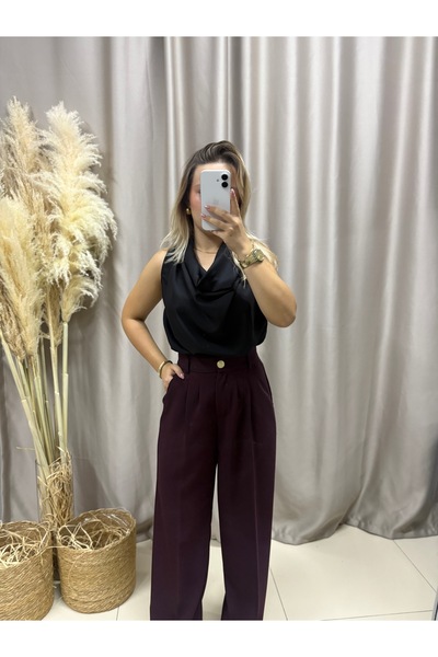 LİSAA BUTİK Premium Series Gold Button Detail Waist Elastic Palazzo Pants