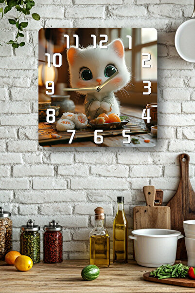 kutuTR 3D Görünümlü Temperli Cam Kare Saat – Sevimli Kedi ve Sushi Masası UV Baskı 33x33 cm- KCS146