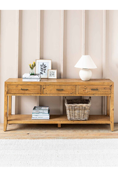 feruzadeco Doğal Masif Ahşap Konsol | 3 Çekmeceli Rustik Dresuar | El Yapımı Geniş Giriş Masası 183x36x81 cm