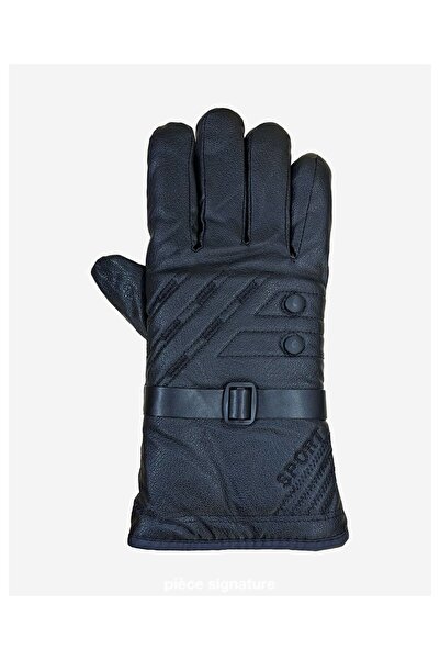 Kardelen Butik Denizli Men's Inflatable Faux Leather Biker Gloves with Fur Inside