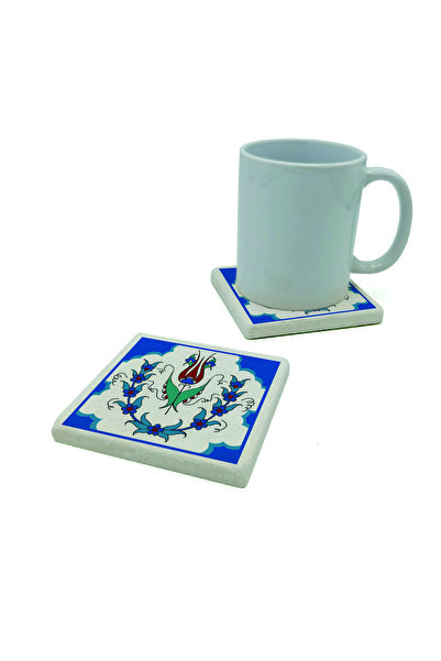 Sadrazam Ottoman Iznik Tile Pattern B Printed Natural Stone Coaster 10cm X 10cm |   Kd-36