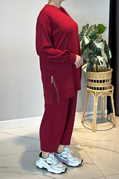 Lale Butik Combed Cotton Suit with Side Zipper Detail 2034 Claret Red