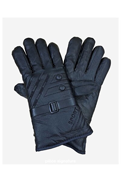 Kardelen Butik Denizli Men's Inflatable Faux Leather Biker Gloves with Fur Inside