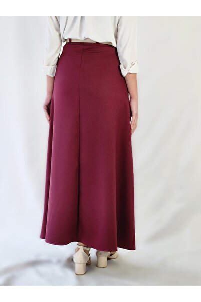 YAXİ Belt Detail Maxi Size Loose Bordo Woven Skirt