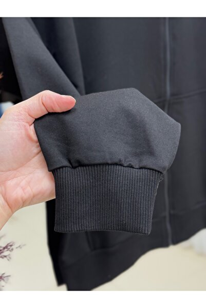 MİHRA STORE Dorora Two String Zippered Hooded Cardigan-Zi̇3099 Black