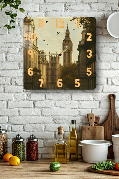 kutuTR ساعة مربعة من الزجاج المقسى ثلاثية الأبعاد - طباعة بالأشعة فوق البنفسجية لمنظر بيج بن في لندن 33x33 سم - KCS144