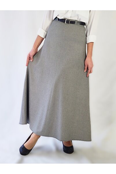 YAXİ Belt-Detail Maxi Size Loose Pork Pie Pattern Seasonal Woven Skirt