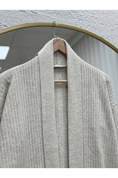 MİHRA STORE Alicia Double Pocket Sleeve Gold Buttoned Corded Fabric Long Cardigan-Zi̇5212 Stone