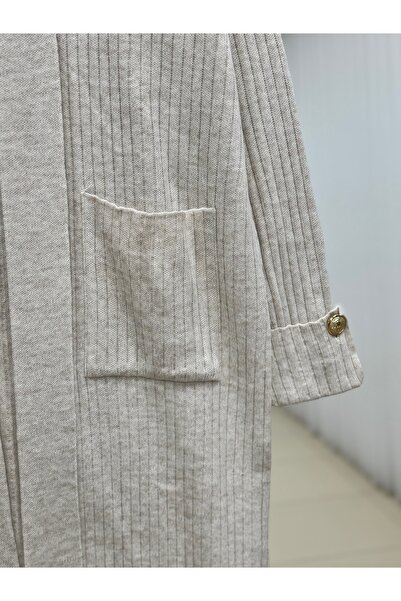 MİHRA STORE Alicia Double Pocket Sleeve Gold Buttoned Corded Fabric Long Cardigan-Zi̇5212 Stone