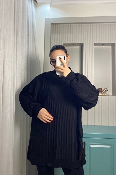 Auroveen قصة فضفاضة تونيك تريكو ذو نسيج عمودي بنصف ياقة دائرية وأكمام بالون A...