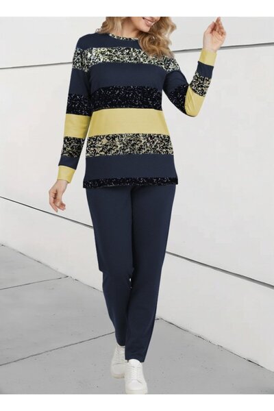 JANES Women's Long Sleeve Crew Neck Striped Pattern Two Thread Blouse and Pants Two-Piece Set