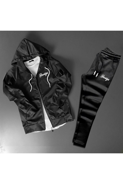 NOFLEN Brooklyn Elyazı Printed Scuba Zippered Black Tracksuit Set